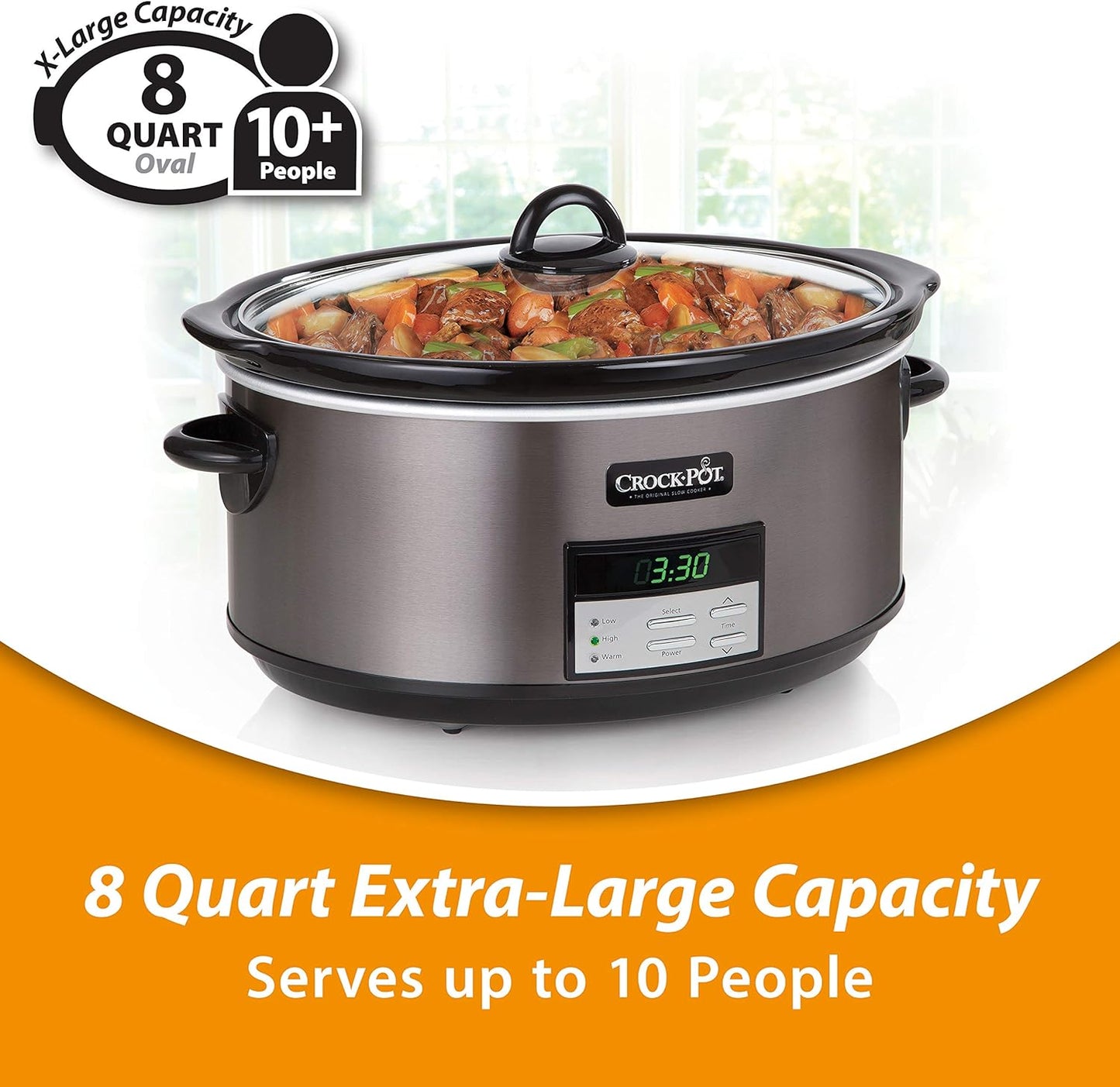 Large 8-Quart Programmable Slow Cooker with Auto Warm Setting, Black Stainless Steel (Pack of 1)