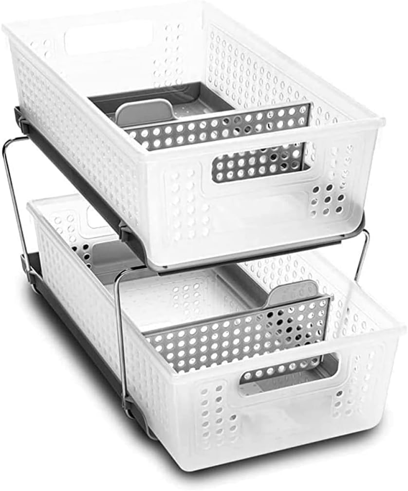 2-Tier Organizer, Multi-Purpose Slide-Out Storage Baskets with Handles and Dividers, Frost