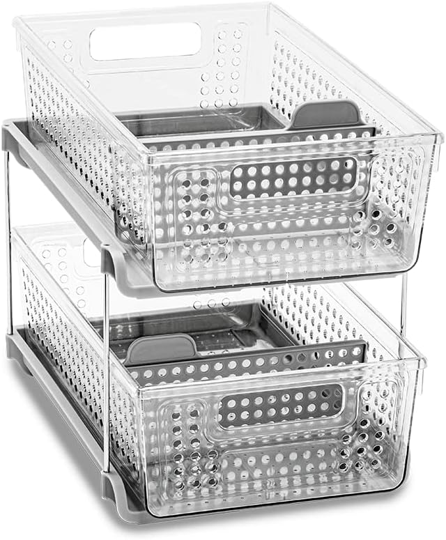 2-Tier Organizer, Multi-Purpose Slide-Out Storage Baskets with Handles and Dividers, Frost