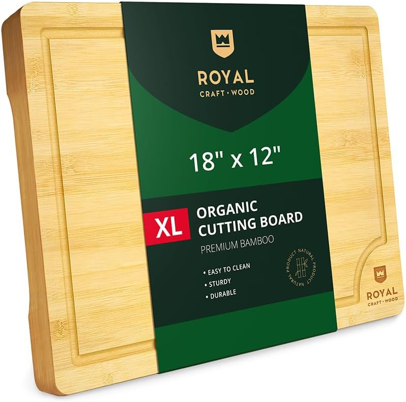 Wooden Cutting Boards for Kitchen Meal Prep & Serving - Bamboo Wood Serving Board Set with Deep Juice Groove Side Handles - Charcuterie & Chopping Butcher Block for Meat (3 Pcs)