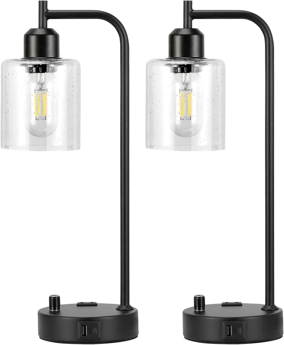 Industrial Table Lamps for Bedrooms Set of 2 - Fully Dimmable Bedside Lamps with USB a and C Ports and Outlet, Black Nightstand Lamps with Glass Shade for Living Room, Desk Lamps for Office Reading