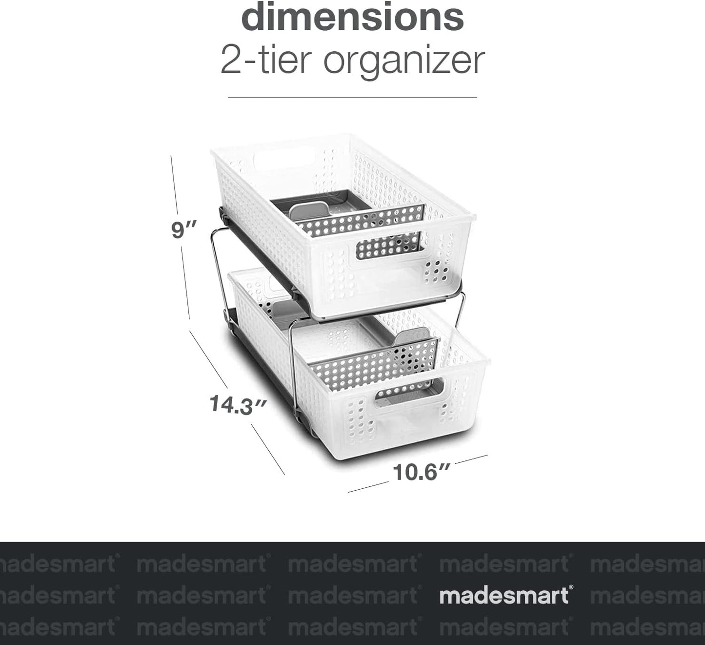 2-Tier Organizer, Multi-Purpose Slide-Out Storage Baskets with Handles and Dividers, Frost