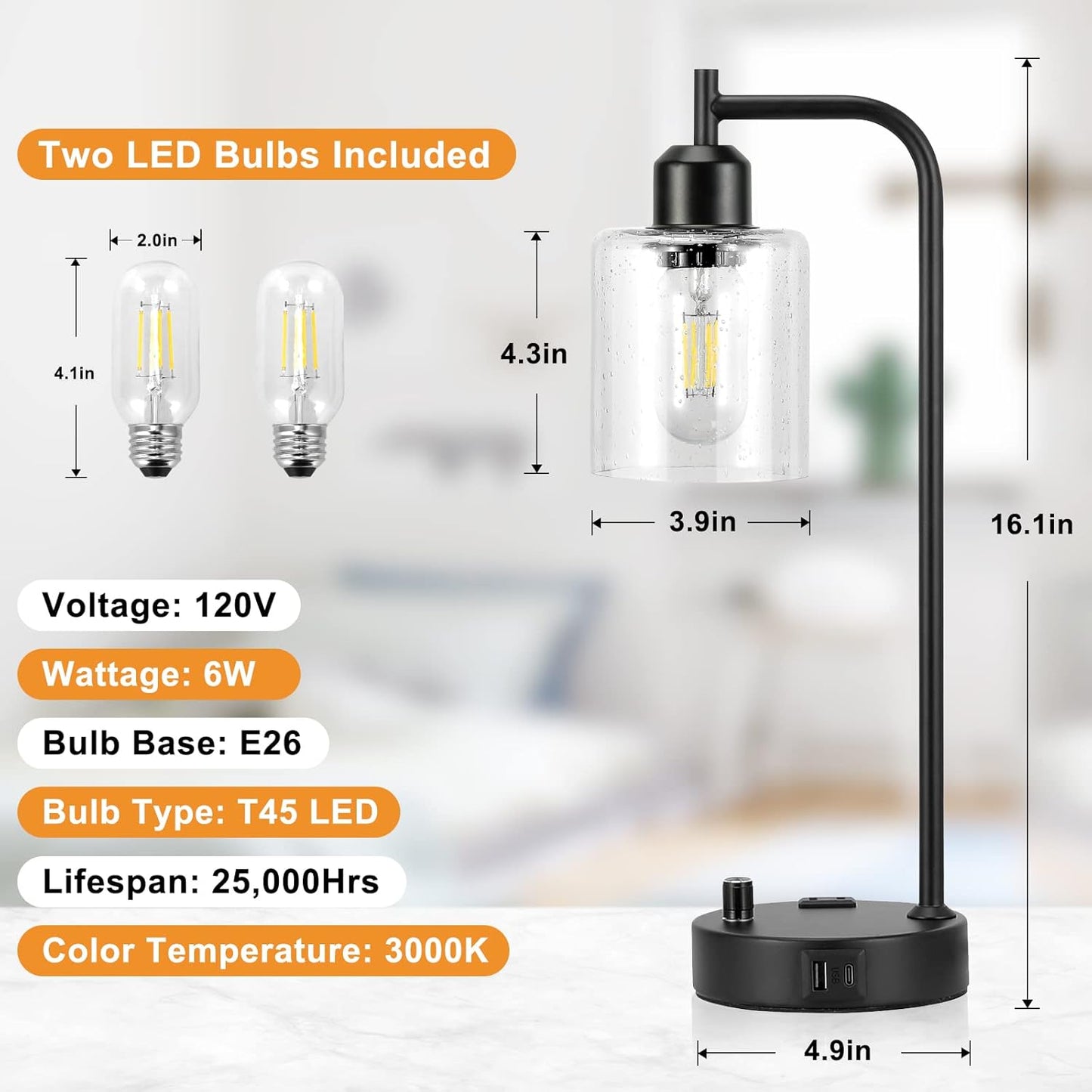 Industrial Table Lamps for Bedrooms Set of 2 - Fully Dimmable Bedside Lamps with USB a and C Ports and Outlet, Black Nightstand Lamps with Glass Shade for Living Room, Desk Lamps for Office Reading