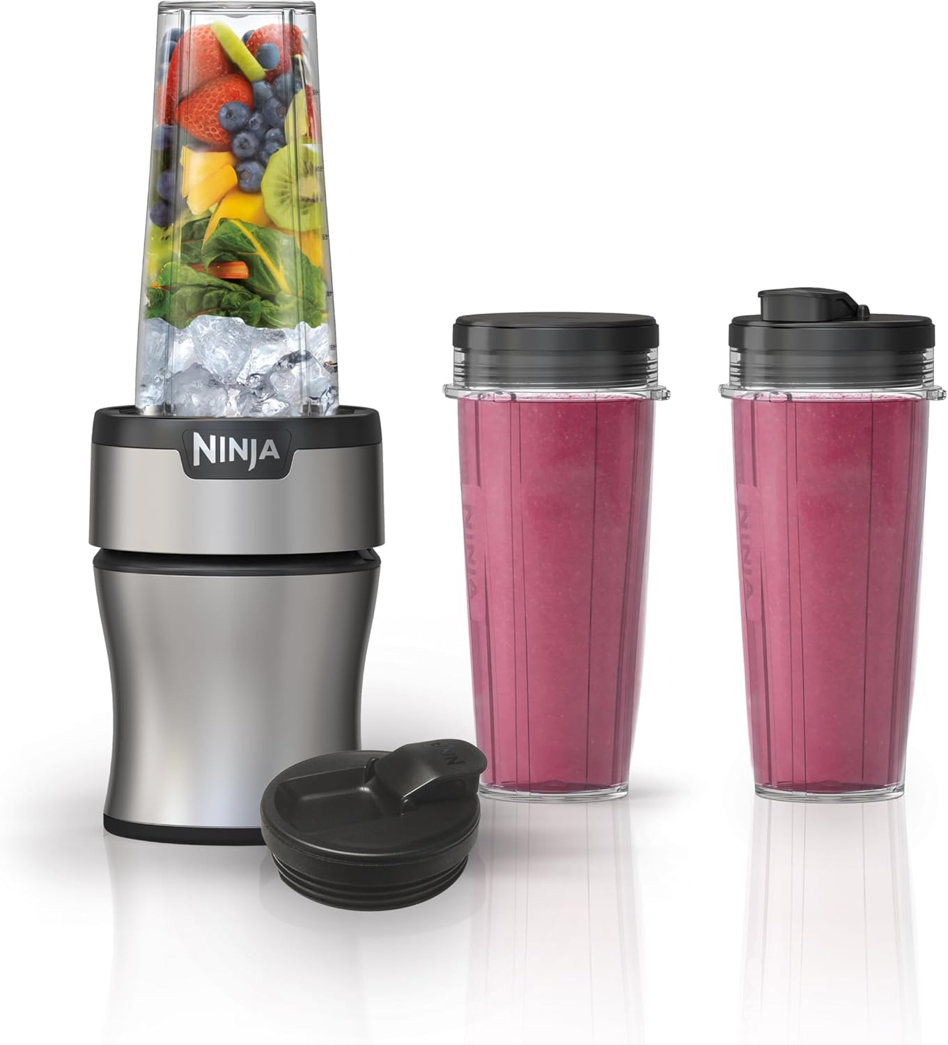 BN301 Nutri-Blender plus Compact Personal Blender, 900-Peak-Watt Motor, Frozen Drinks, Smoothies, Sauces & More, (3) 20 Oz. To-Go Cups, (2) Spout-Lids (1) Storage-Lid, Dishwasher Safe, Silver