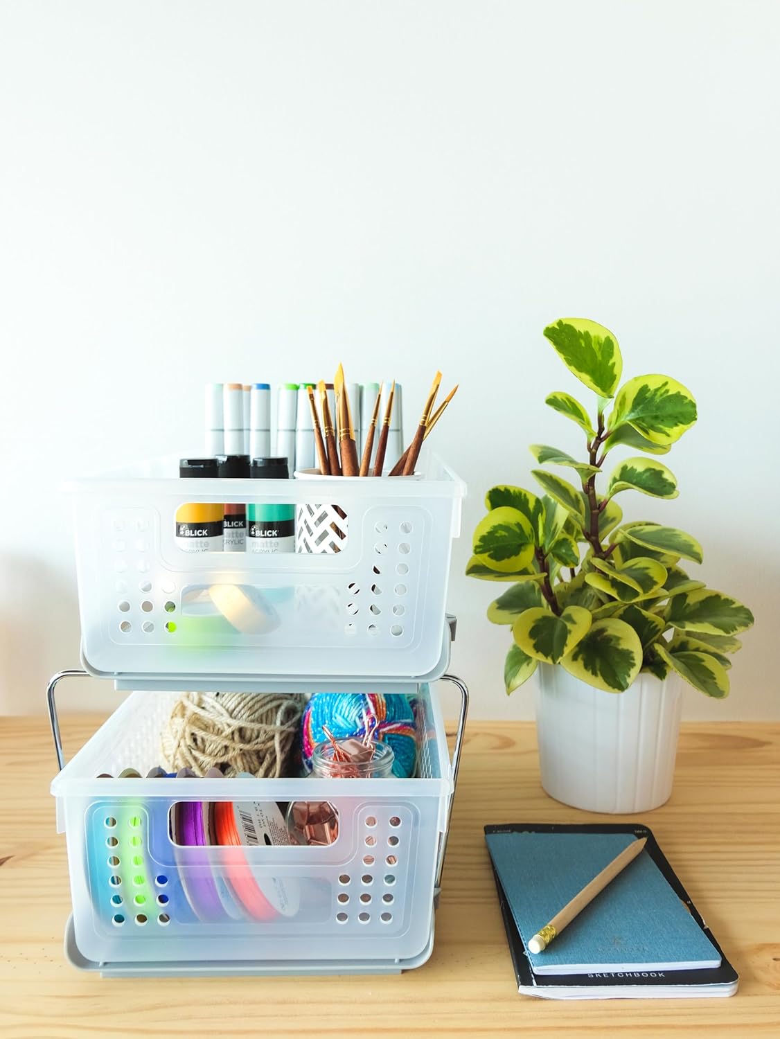 2-Tier Organizer, Multi-Purpose Slide-Out Storage Baskets with Handles and Dividers, Frost