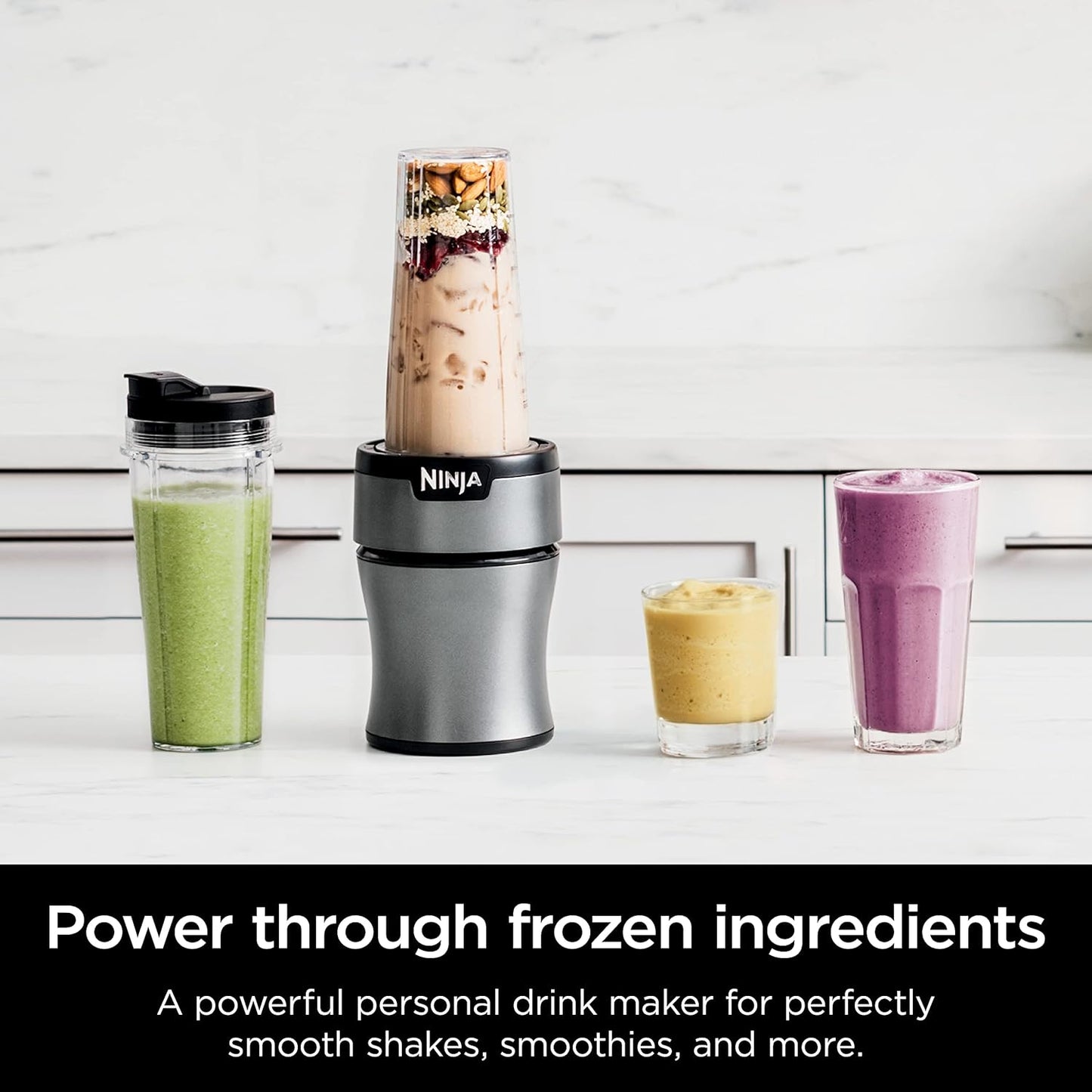 BN301 Nutri-Blender plus Compact Personal Blender, 900-Peak-Watt Motor, Frozen Drinks, Smoothies, Sauces & More, (3) 20 Oz. To-Go Cups, (2) Spout-Lids (1) Storage-Lid, Dishwasher Safe, Silver