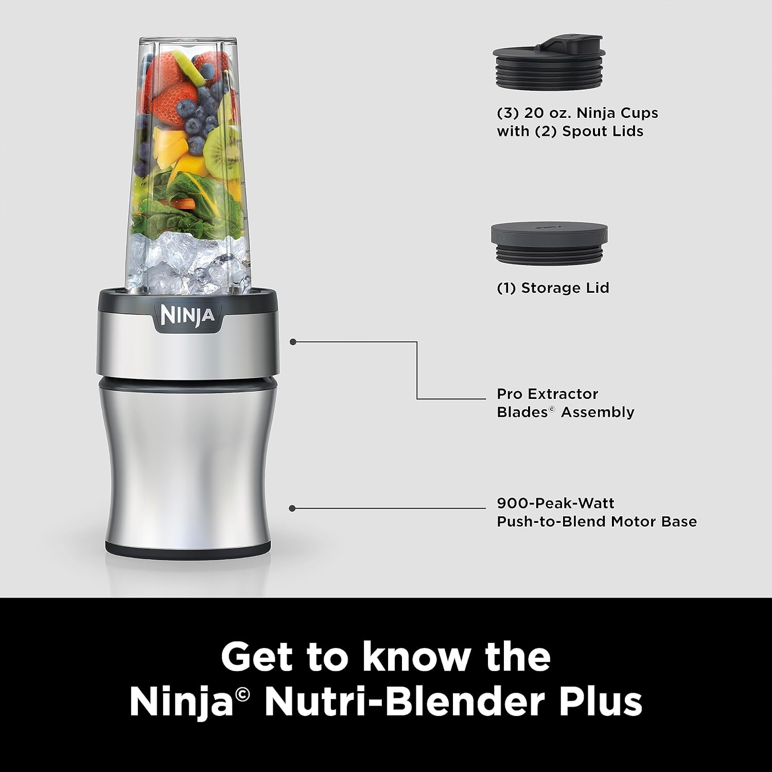 BN301 Nutri-Blender plus Compact Personal Blender, 900-Peak-Watt Motor, Frozen Drinks, Smoothies, Sauces & More, (3) 20 Oz. To-Go Cups, (2) Spout-Lids (1) Storage-Lid, Dishwasher Safe, Silver