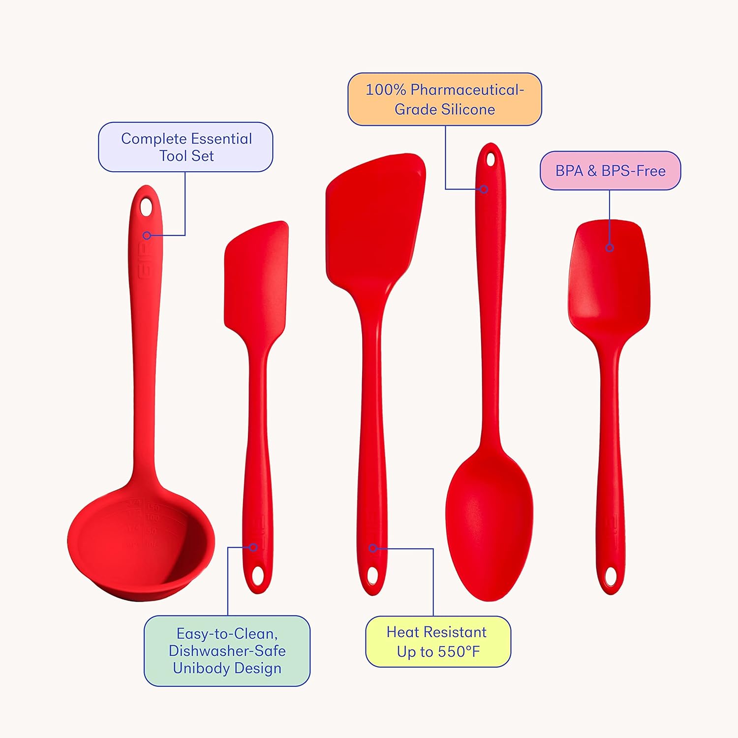 : Get It Right - 5 Piece Silicone Utensil Set - Ladle, Spatula, Flip, Spoon & Spoonula - Non-Stick - Heat Resistant - Dishwasher Safe - Kitchen Utensils - Baking Supplies - BPA & BPS Free - Mint