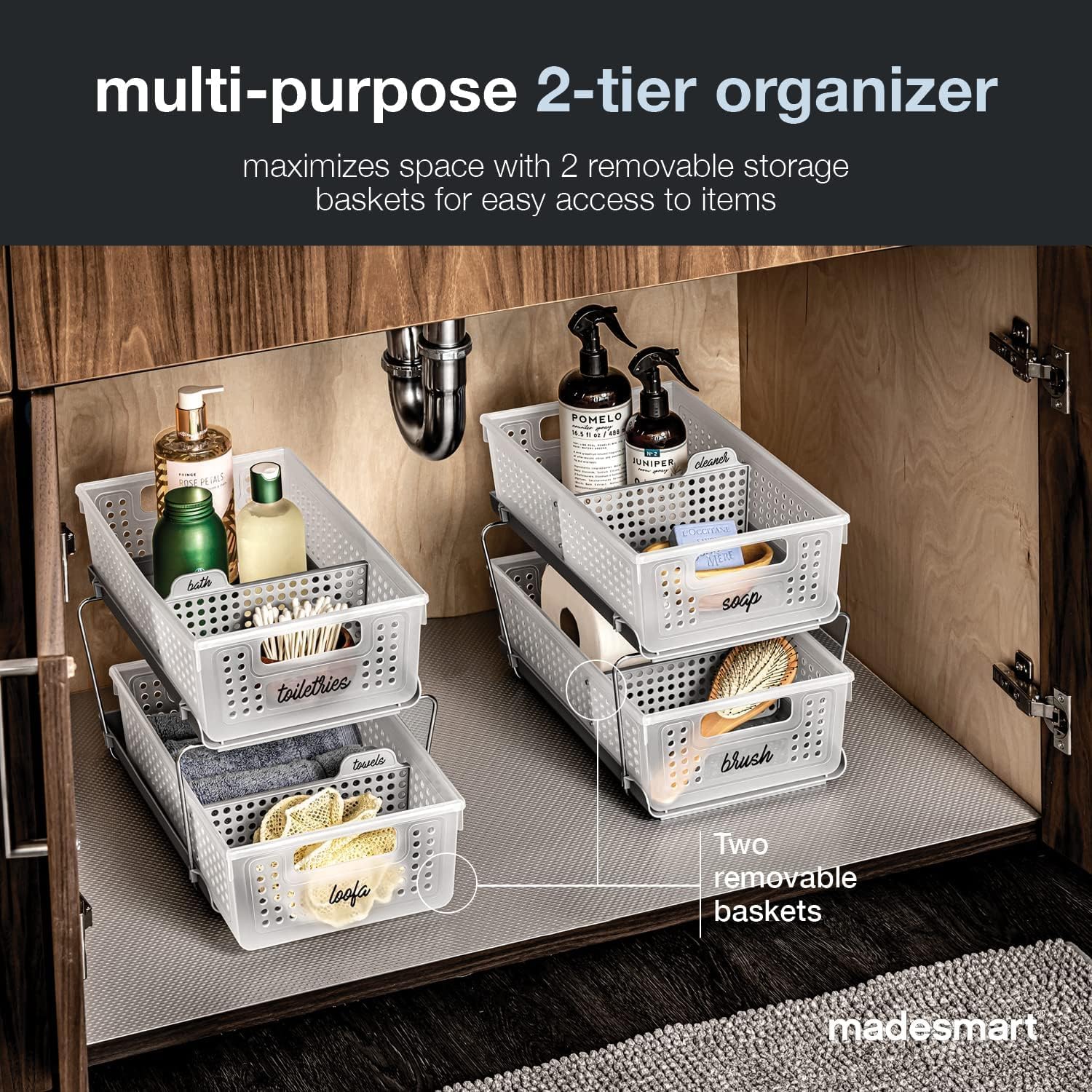 2-Tier Organizer, Multi-Purpose Slide-Out Storage Baskets with Handles and Dividers, Frost