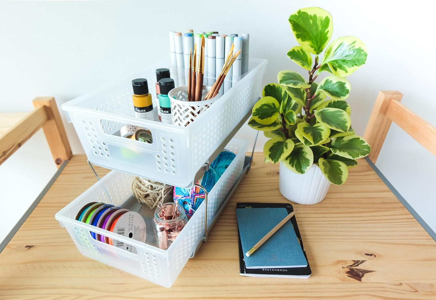 2-Tier Organizer, Multi-Purpose Slide-Out Storage Baskets with Handles and Dividers, Frost