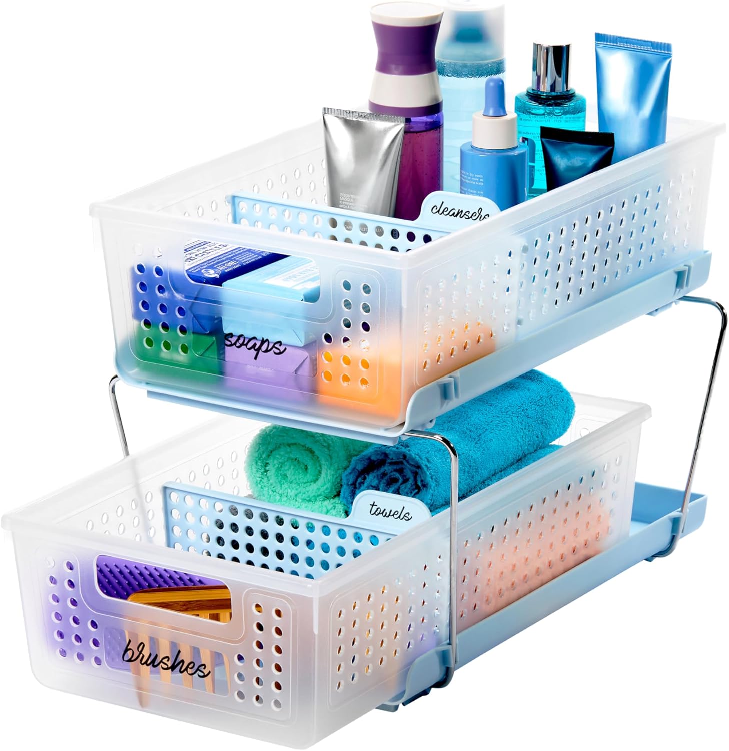 2-Tier Organizer, Multi-Purpose Slide-Out Storage Baskets with Handles and Dividers, Frost