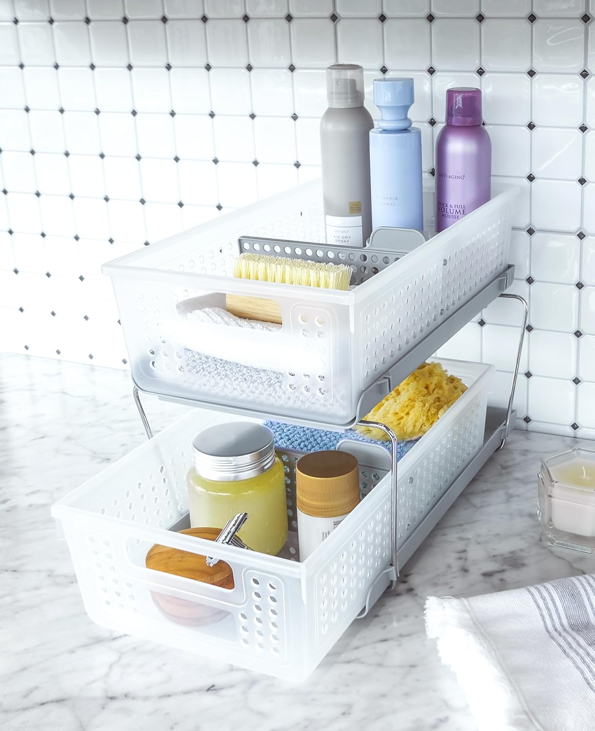 2-Tier Organizer, Multi-Purpose Slide-Out Storage Baskets with Handles and Dividers, Frost