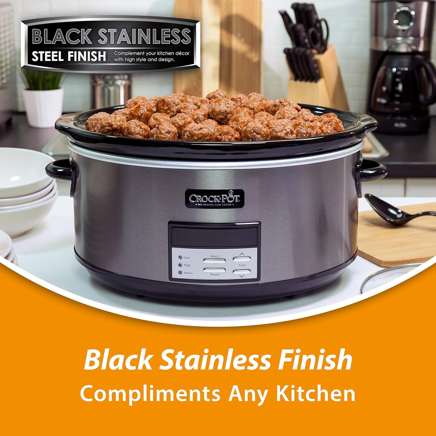 Large 8-Quart Programmable Slow Cooker with Auto Warm Setting, Black Stainless Steel (Pack of 1)