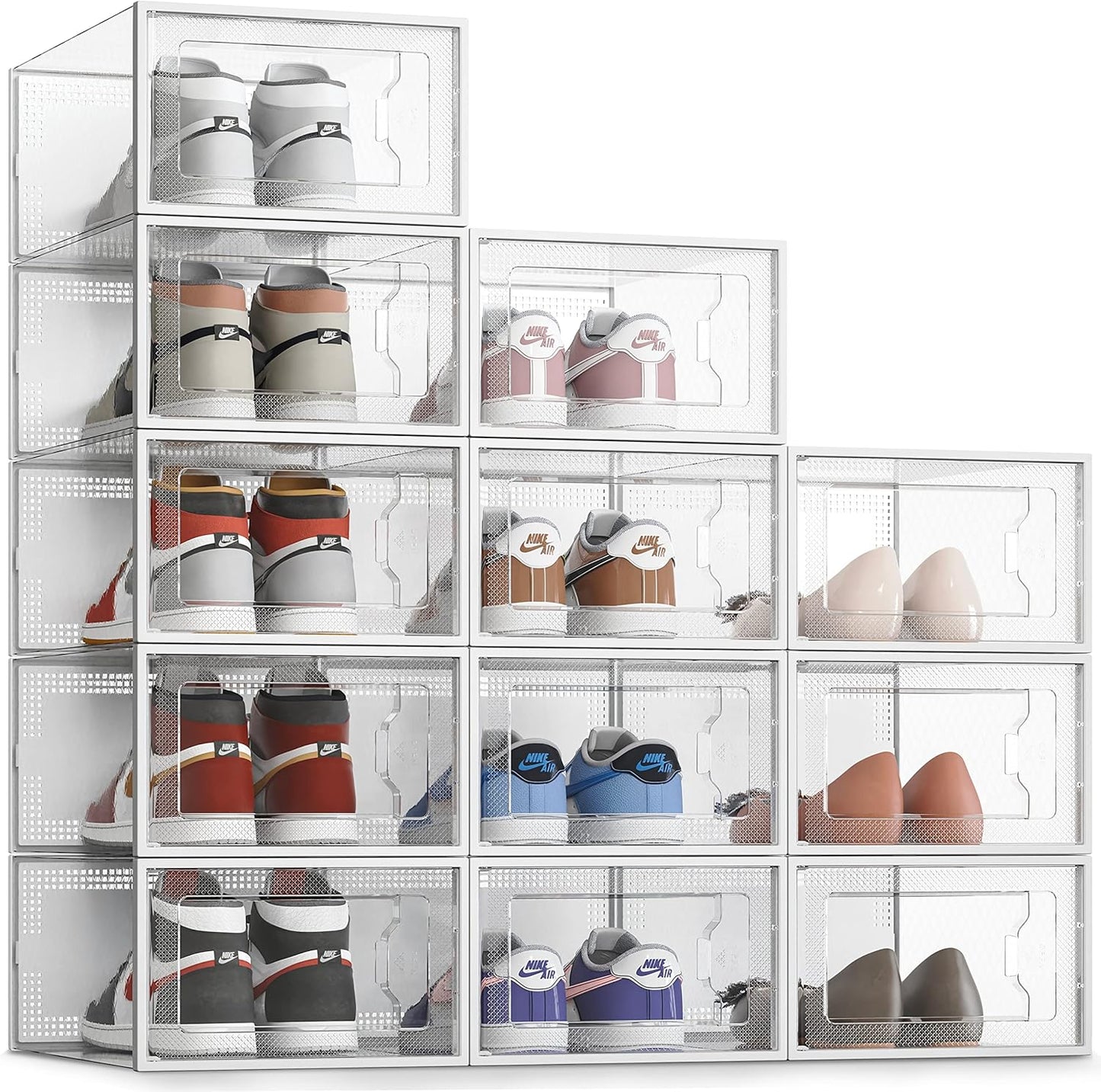 Large 12 Pack Shoe Storage Box, Clear Plastic Stackable Shoe Organizer for Closet, Space Saving Foldable Shoe Rack Sneaker Container Bin Holder