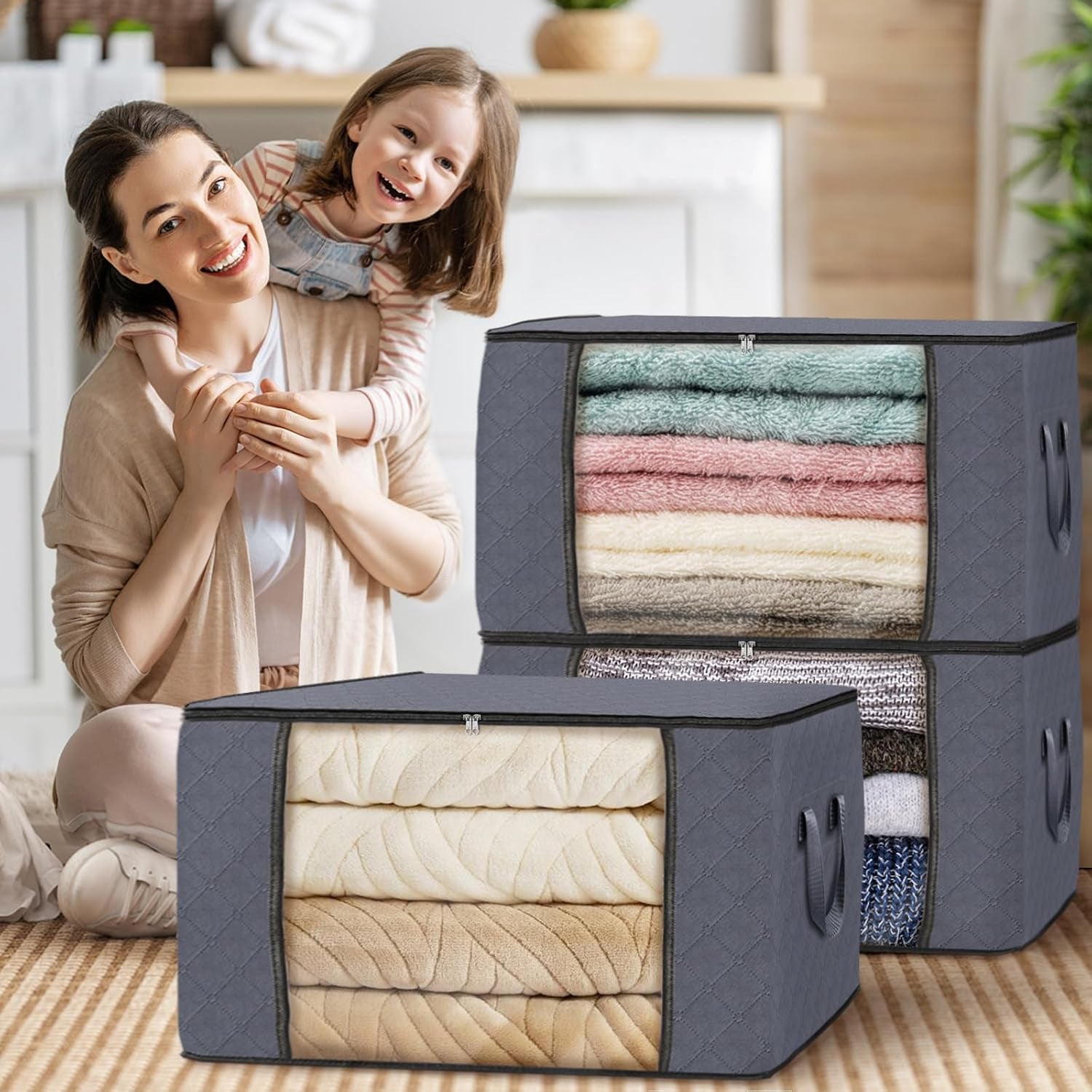 6 Pack Clothes Storage, Foldable Thick Fabric Blanket Storage Bags, Storage Containers for Organizing Bedroom, Closet, Clothing, Comforter, Organization and Storage with Handle,Grey