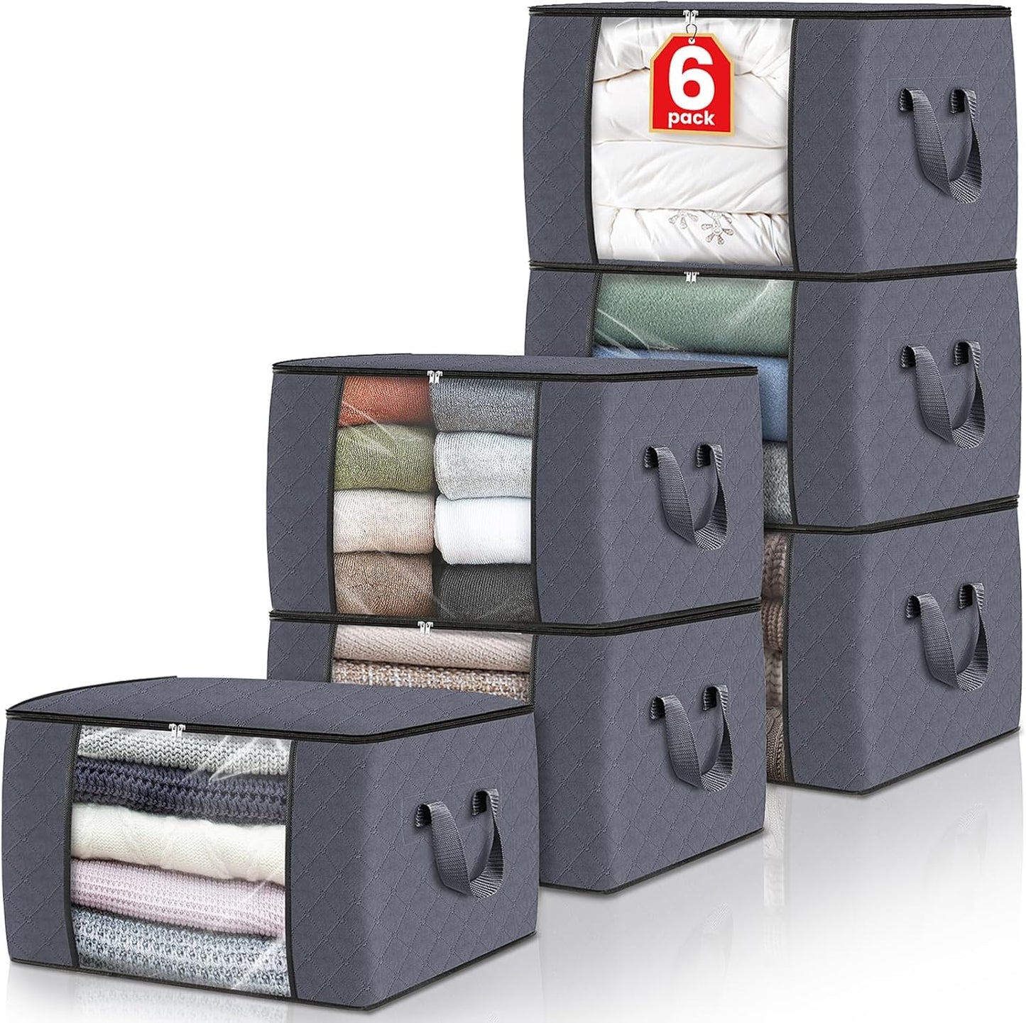 6 Pack Clothes Storage, Foldable Thick Fabric Blanket Storage Bags, Storage Containers for Organizing Bedroom, Closet, Clothing, Comforter, Organization and Storage with Handle,Grey