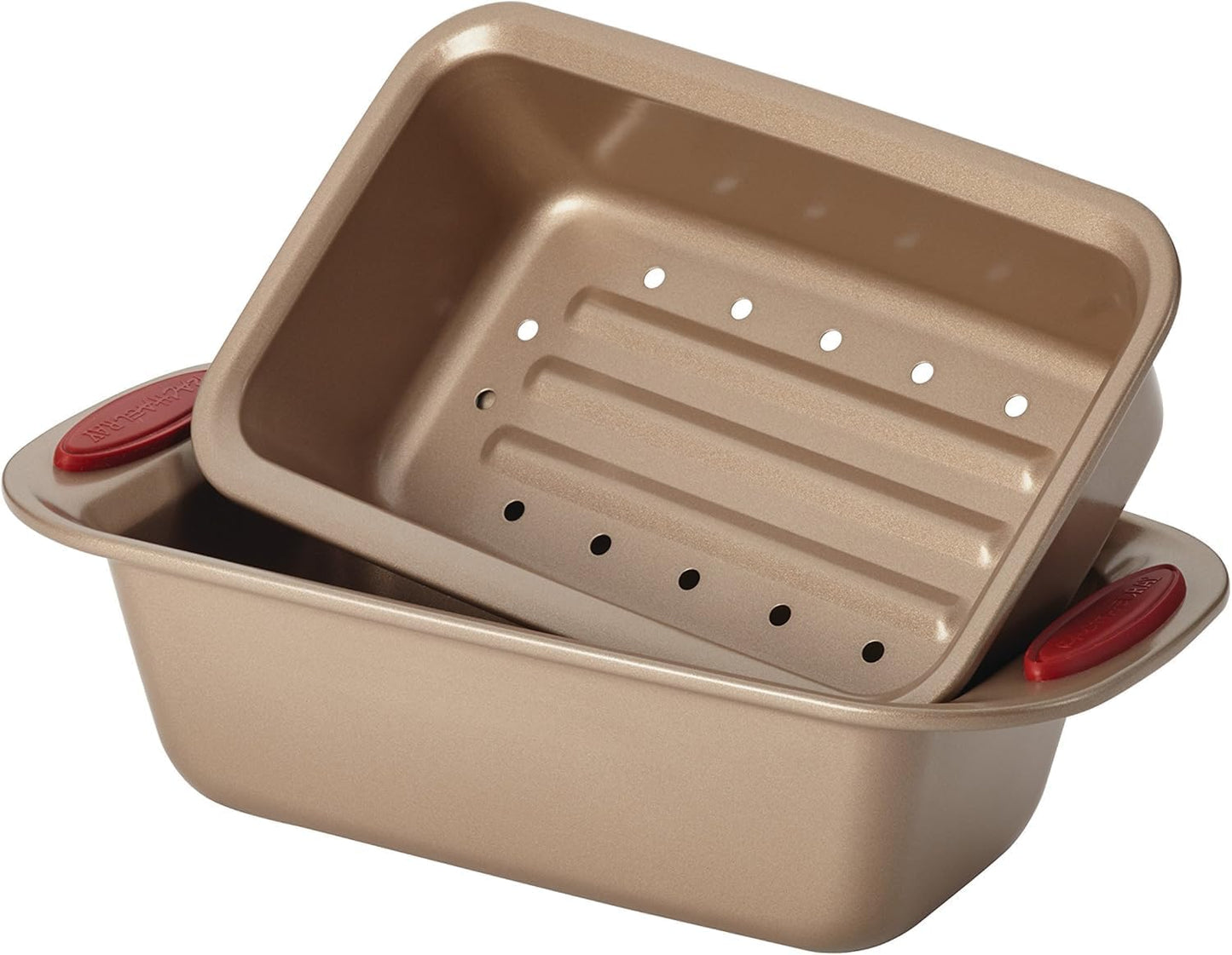 Cucina Nonstick Bakeware Set Baking Cookie Sheets Cake Muffin Bread Pan, 10 Piece, Latte Brown with Cranberry Red Grips