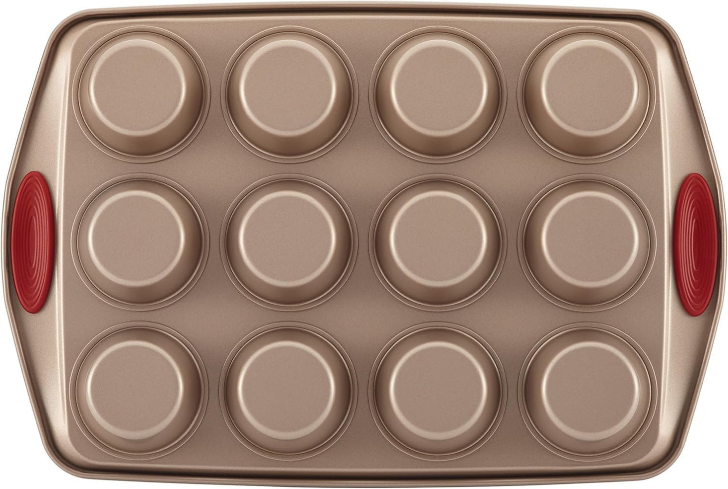 Cucina Nonstick Bakeware Set Baking Cookie Sheets Cake Muffin Bread Pan, 10 Piece, Latte Brown with Cranberry Red Grips