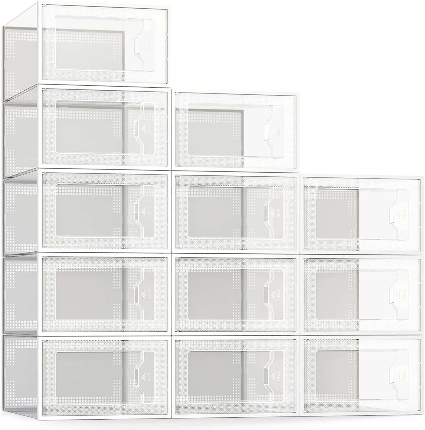 Large 12 Pack Shoe Storage Box, Clear Plastic Stackable Shoe Organizer for Closet, Space Saving Foldable Shoe Rack Sneaker Container Bin Holder